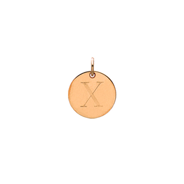 Engraved initial X disc charm in rose gold-fill, front view gold-fill variant--X variant--Rose-gold-fill