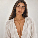 Yellow braided chain and silk lariat necklace in 14K gold-fill, worn long on model