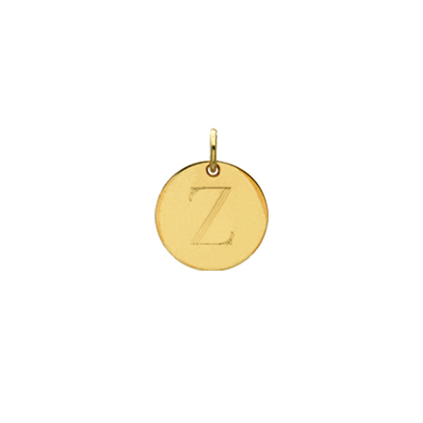 Engraved initial Z disc charm in gold-fill, front view variant--Z variant--Gold-fill