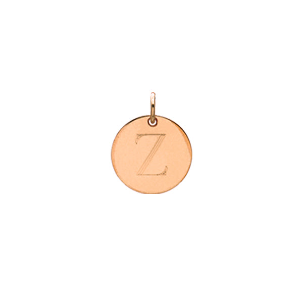 Engraved initial Z disc charm in rose gold-fill, front view gold-fill variant--Z variant--Rose-gold-fill
