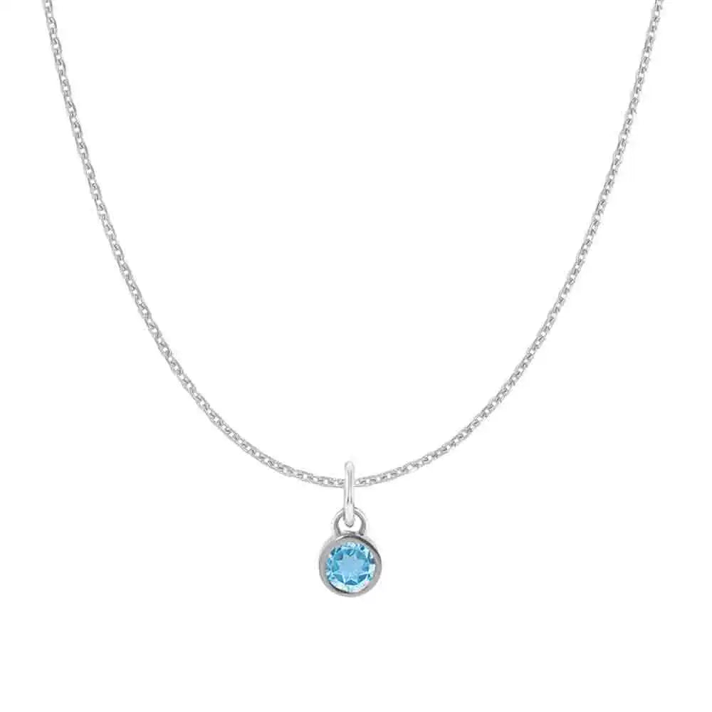 Natural zircon birthstone charm necklace in 14K white gold, bezel-set pendant on cable chain, product shot variant--14K-white-gold