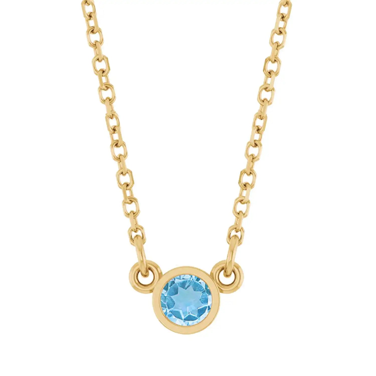 Bezel-set blue zircon birthstone necklace in 14K yellow gold, product view