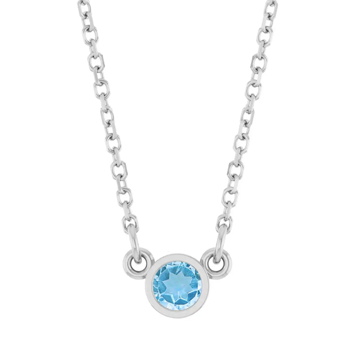 Bezel-set blue zircon birthstone necklace in sterling silver, product view