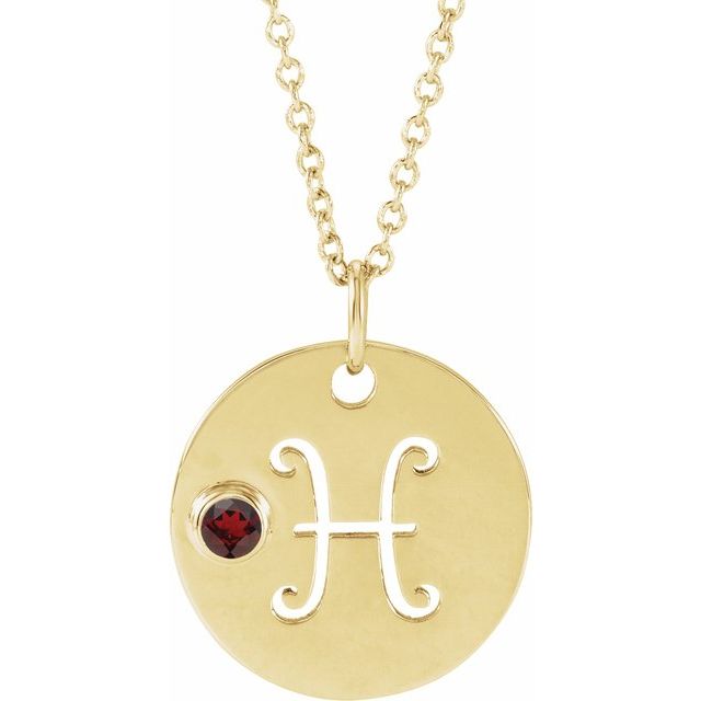 Adjustable chain necklace with Pisces zodiac disc and gernet stone