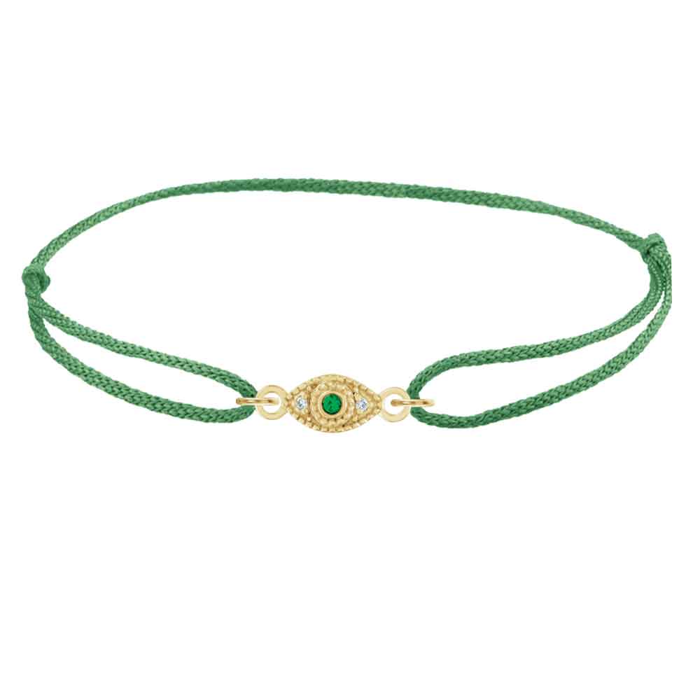 Adjustable silk evil eye bracelet with slip-knot closure yellow gold variant--Emerald variant--14K-yellow-gold