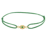 Adjustable silk evil eye bracelet with slip-knot closure yellow gold variant--Emerald variant--14K-yellow-gold