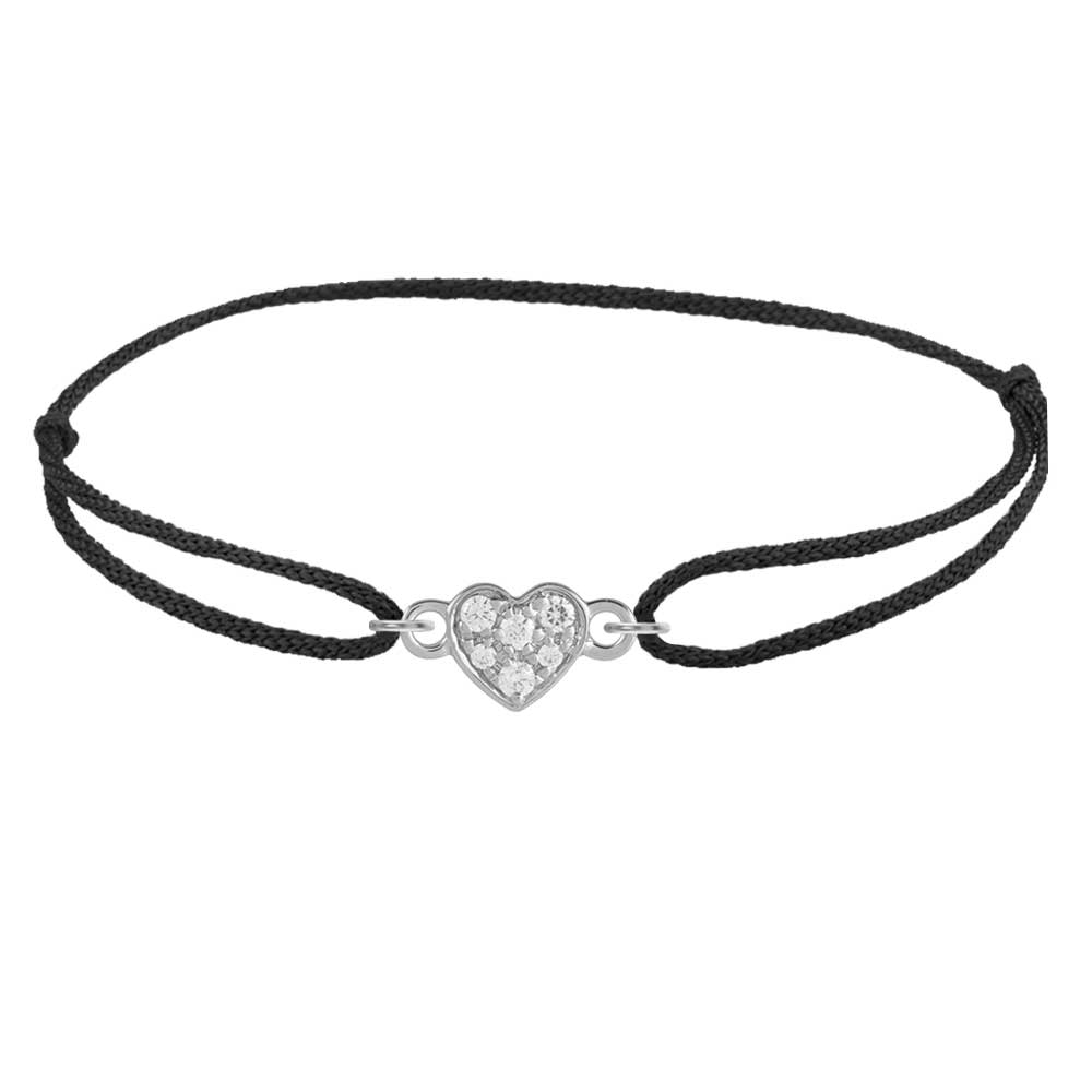 Adjustable silk bracelet with diamond heart charm white gold variant--14K-white-gold