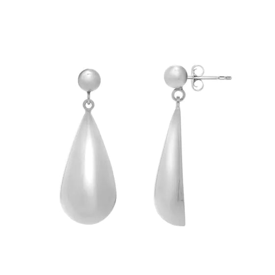 Puffed teardrop earrings in sterling silver, styled on model ear silver variant--Sterling-silver