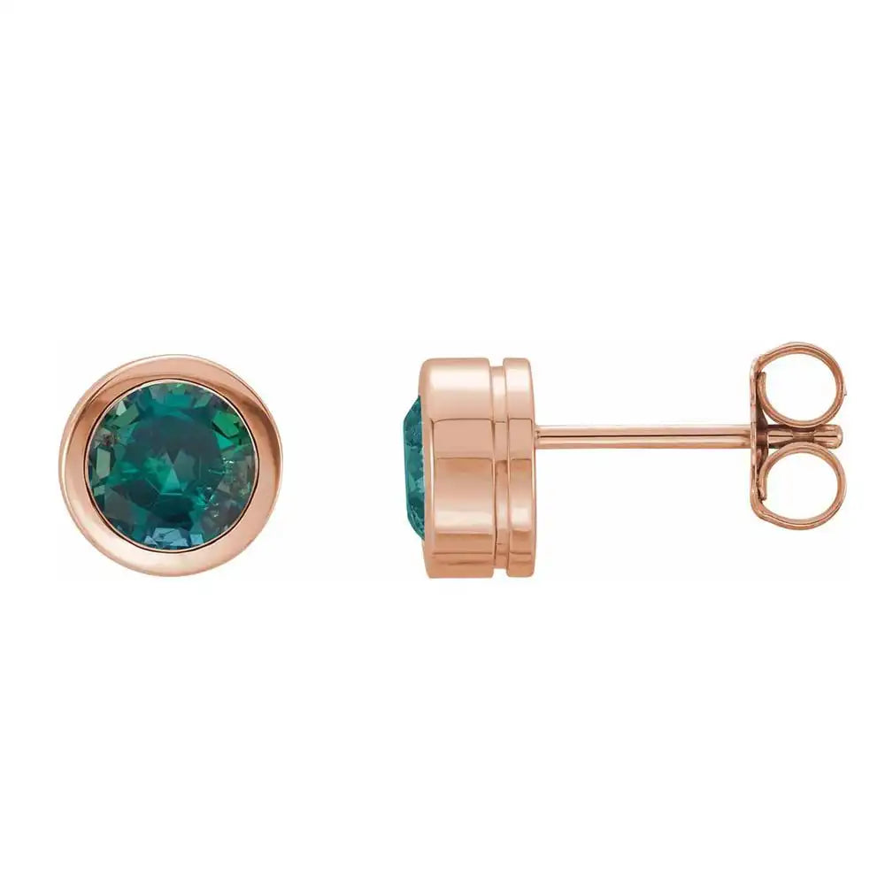Alexandrite bezel stud earrings side view in 14K rose gold variant--14K-rose-gold