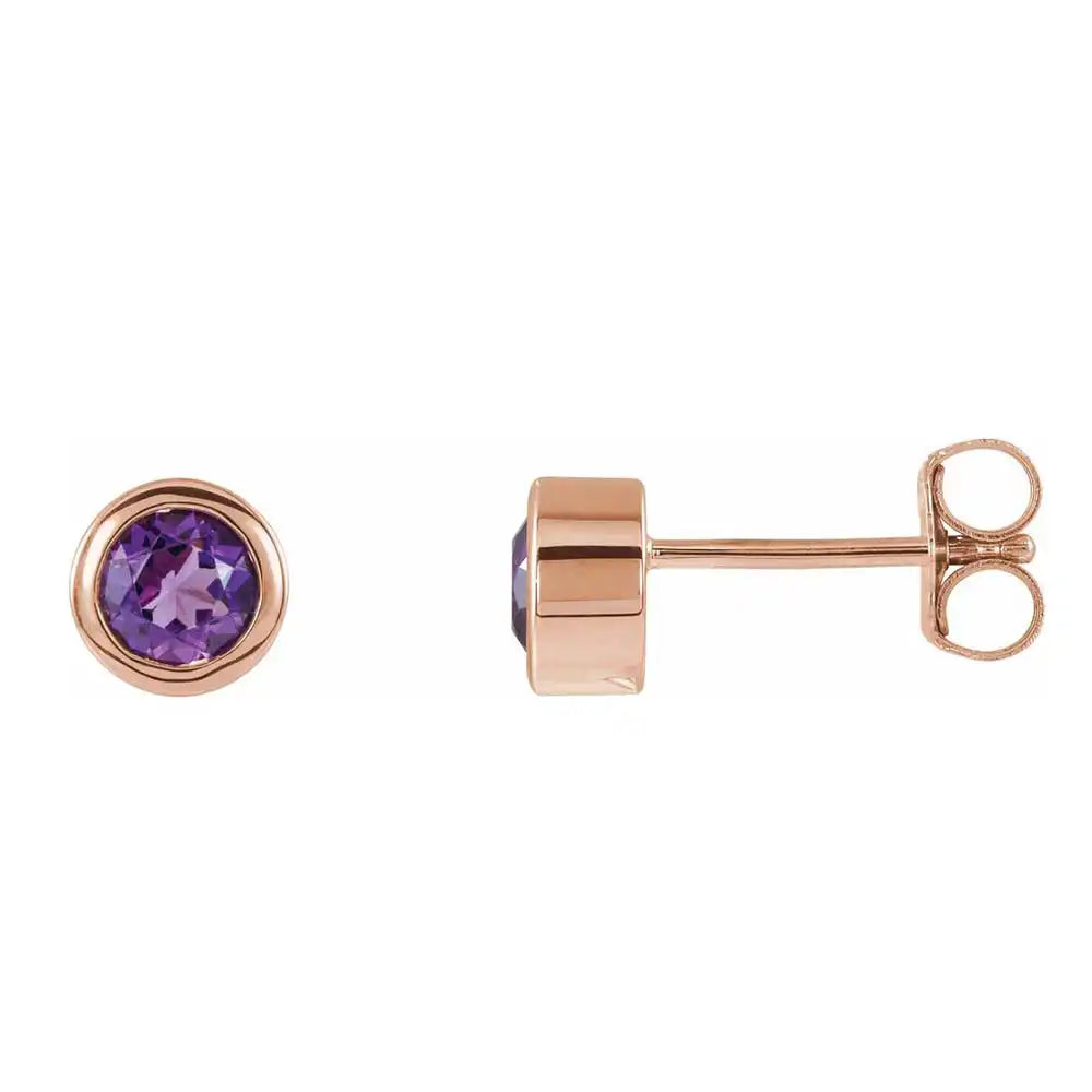 Amethyst bezel stud earrings side view in 14K rose gold