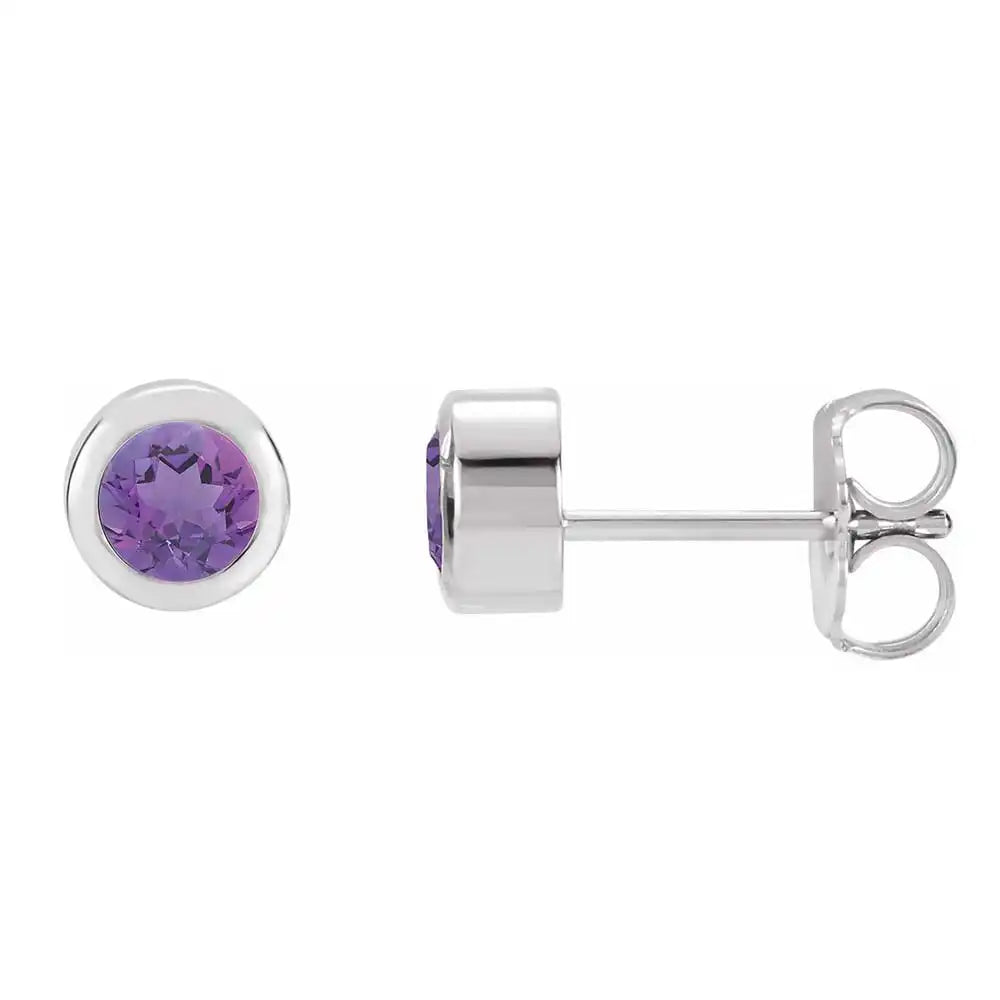 Amethyst bezel stud earrings side view in sterling silver variant--Sterling-silver variant--Amethyst