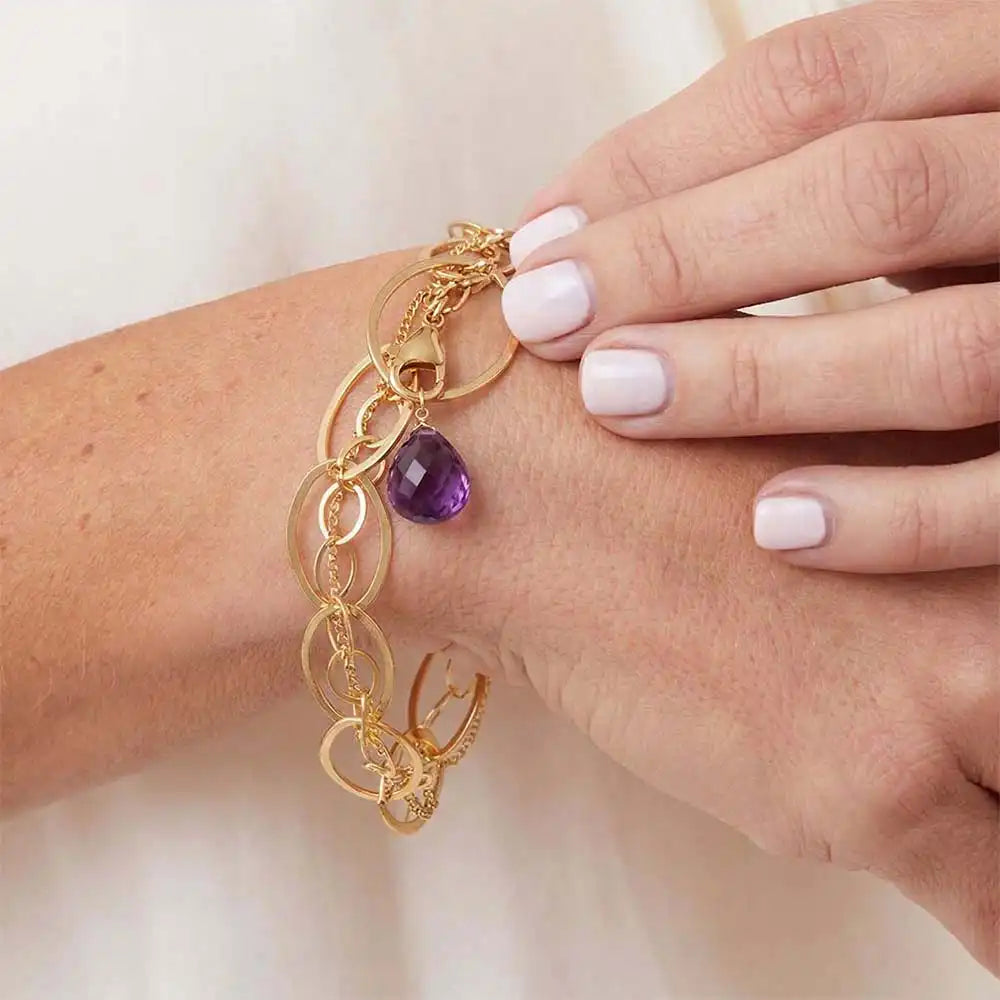 Natural amethyst woven chain bracelet in sterling silver, close-up of setting in gold-fill variant--Gold-fill variant--Sterling-silver variant--Oxidized-sterling-silver variant--Amethyst