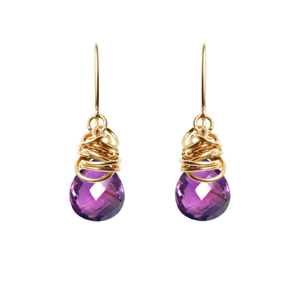 Amethyst dangle earrings in 14K gold-fill, warm gold setting with deep violet gemstone variant--Gold-fill variant--Amethyst