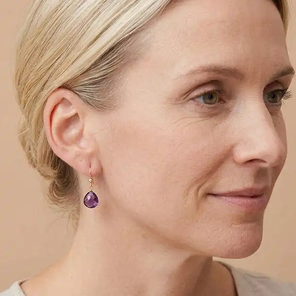 Drop earring in gold-fill shown on model variant--Gold-fill, variant--Sterling-silver, variant--14K-yellow-gold, variant--14K-white-gold variant--Amethyst