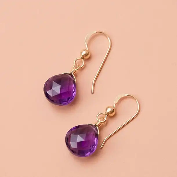 Amethyst drop earring on gold hooks variant--Gold-fill, variant--Sterling-silver, variant--14K-yellow-gold, variant--14K-white-gold variant--Amethyst