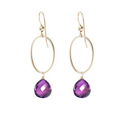 Amethyst gemstone hoop earrings in 14K gold-fill, hand-cut rich purple stone, handmade in the USA