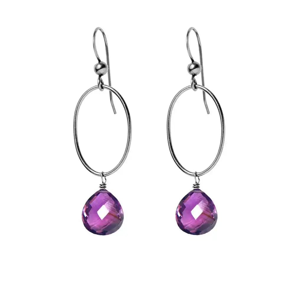Amethyst gemstone hoop earrings in oxidized silver, hand-cut rich purple stone, handmade in the USA variant--Oxidized-sterling-silver