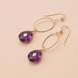 Faceted amethyst drop earrings in yellow gold fill, deep purple gemstone teardrop briolette suspended from slim oval gold link, blush background. all-groups