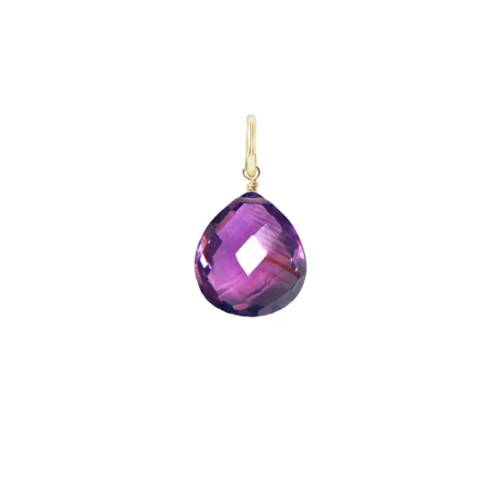 Glowing amethyst briolette gemstone charm, 6mm, handcrafted with sterling silver wrap detail. variant--Amethyst variant--Gold-fill variant--Large