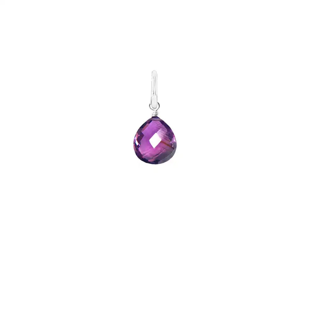Natural amethyst 8mm briolette charm in sterling silver, flat lay on neutral background variant--Amethyst variant--Sterling-silver variant--Small