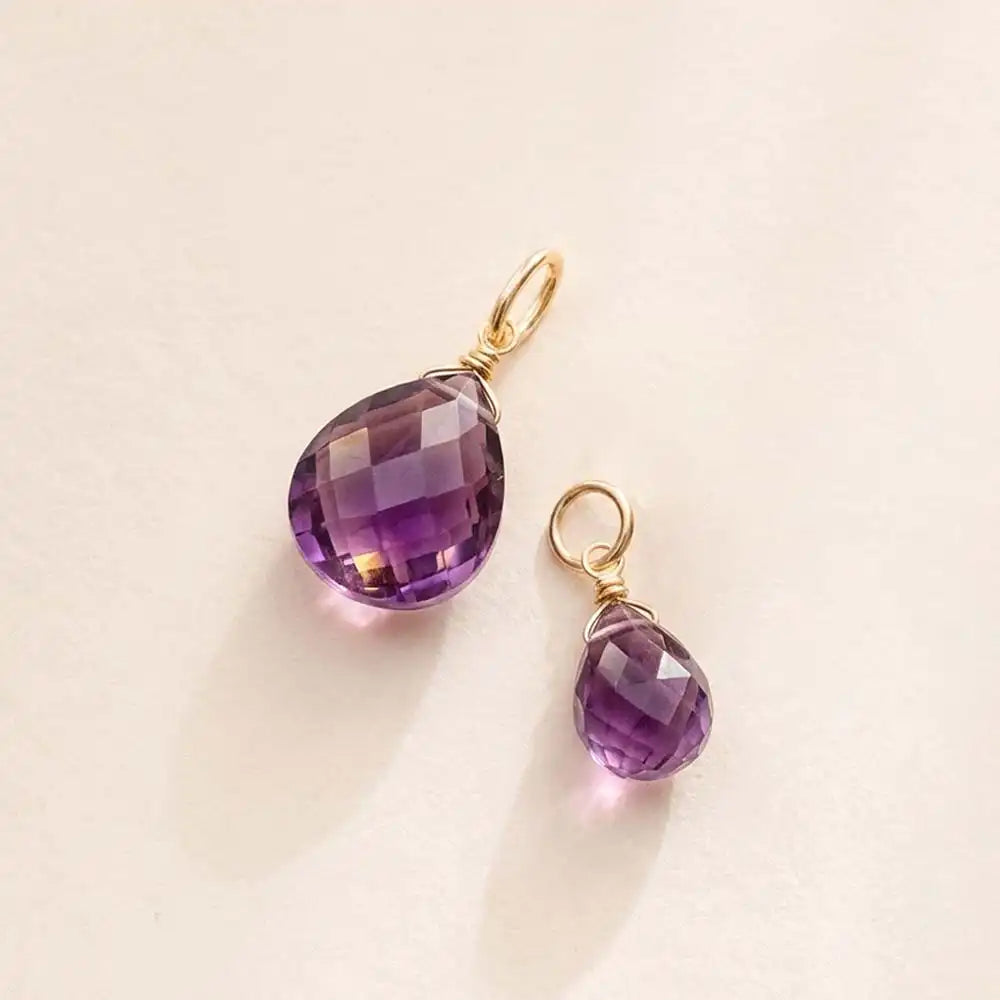 Glowing amethyst briolette gemstone charm, 6mm, handcrafted with gold-fill wrap detail.