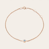 Bezel-set aquamarine bracelet in 14K rose gold, wrist close-up rose gold variant--14K-rose-gold variant--Aquamarine