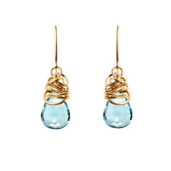 Aquamarine dangle earrings in 14K gold-fill, warm gold setting with pale blue aquamarine stone