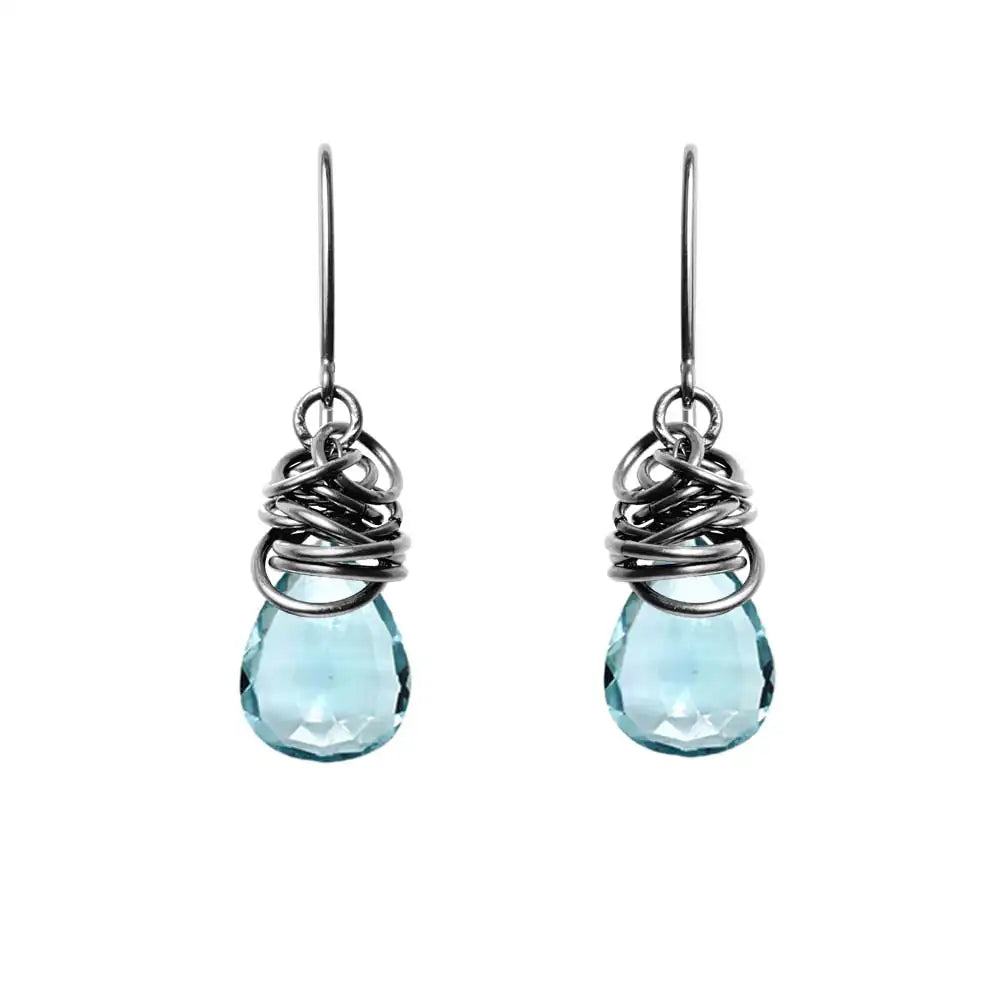 Aquamarine dangle earrings in oxidized sterling silver, dark setting with soft blue aquamarine stone