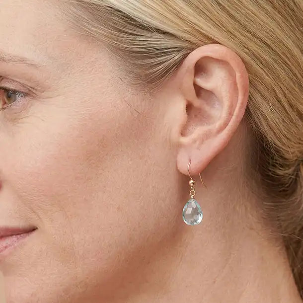 Drop earring in gold-fill shown on model variant--Gold-fill, variant--Sterling-silver, variant--14K-yellow-gold, variant--14K-white-gold variant--Aquamarine