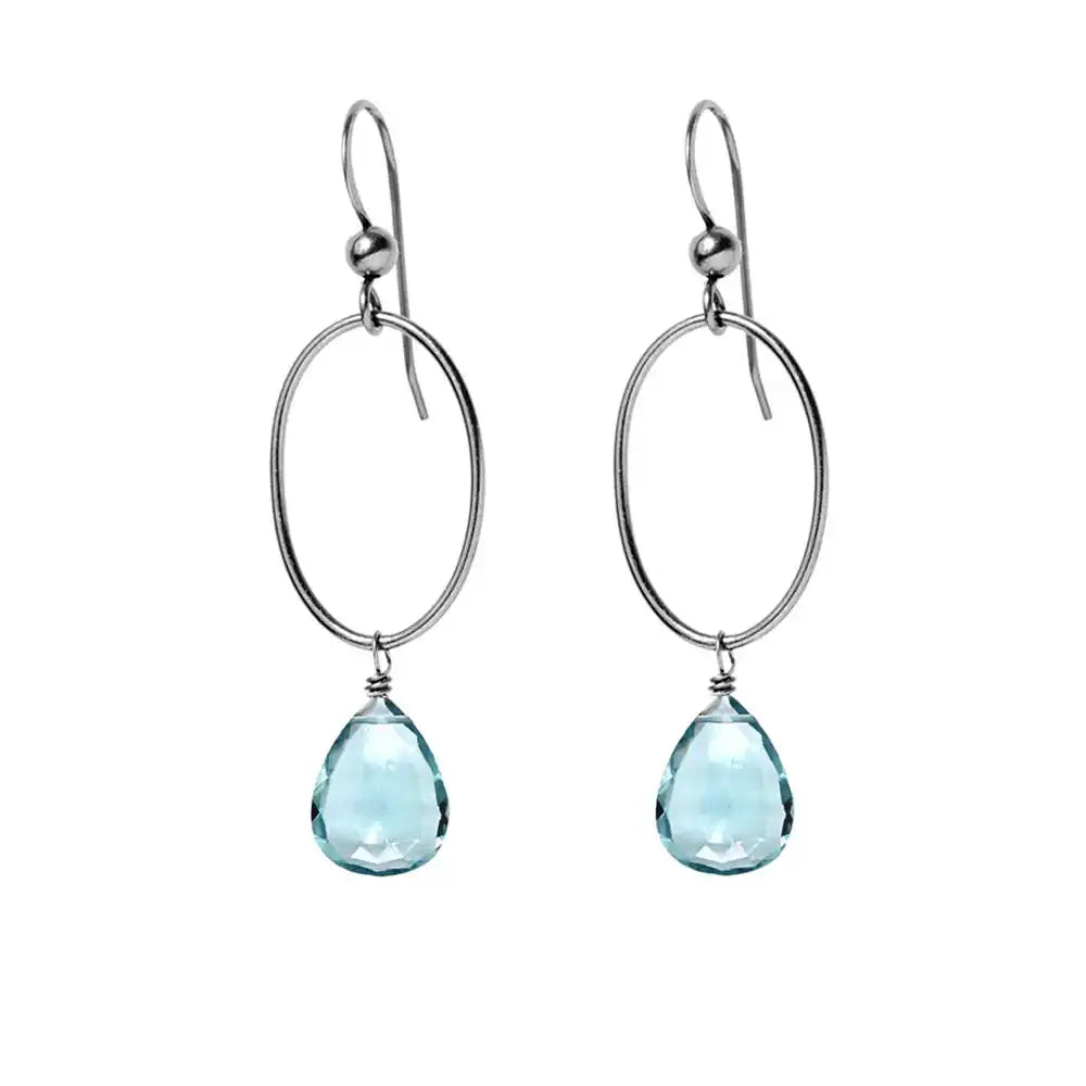 Aquamarine gemstone hoop earrings in oxidized silver, hand-cut cool blue stone, handmade in the USA