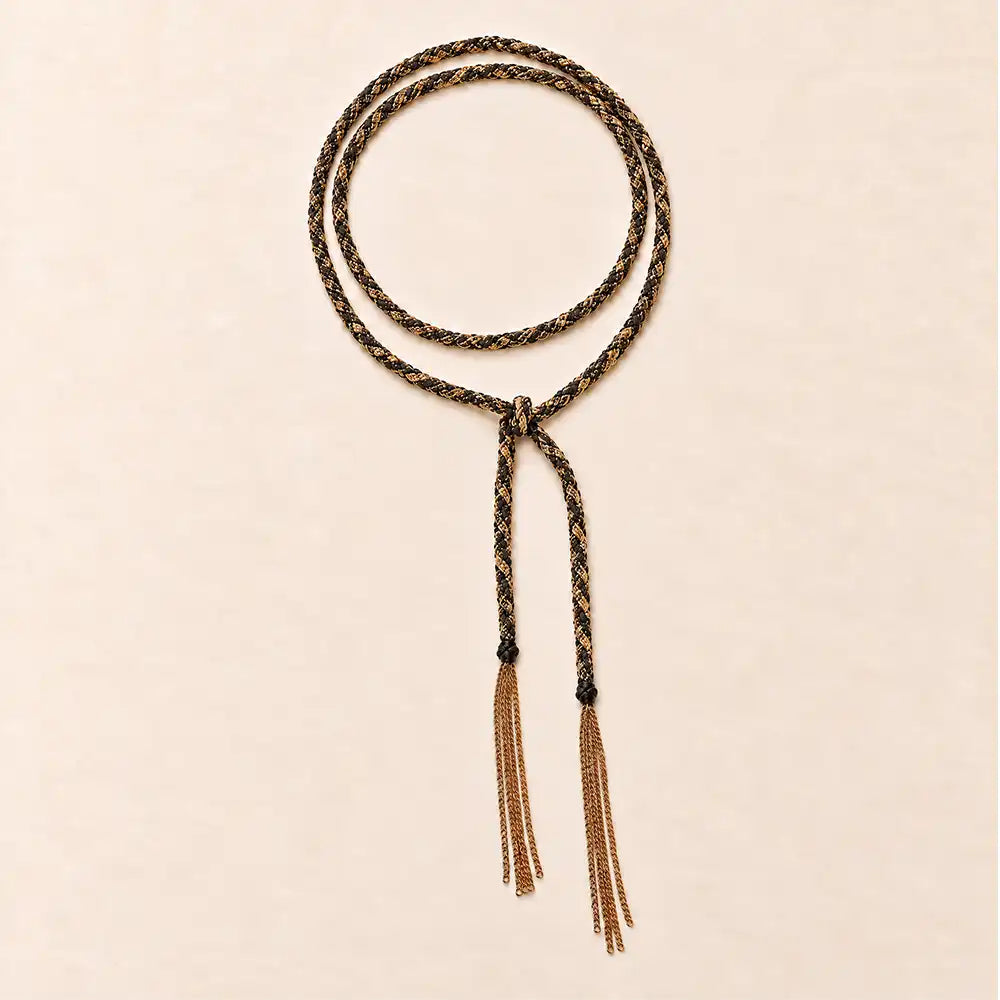 Black braided chain and silk lariat necklace in 14K gold-fill, flat lay