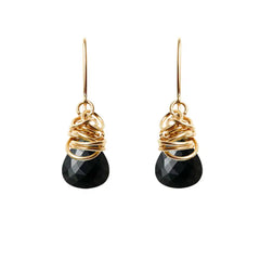 Black sapphire dangle earrings in 14K gold-fill, dark stone with warm gold bezel setting
