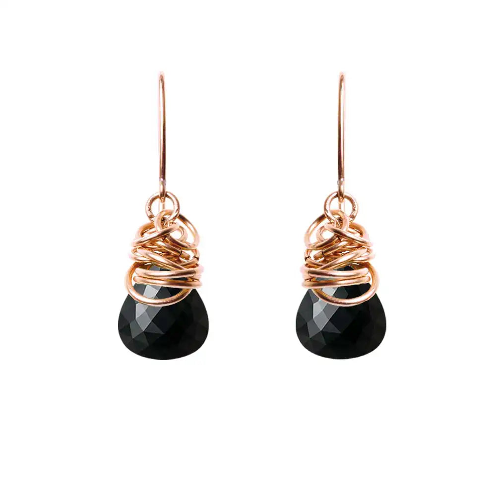 Black sapphire dangle earrings in rose gold-fill, opaque black stone with blush gold setting variant--Rose-Gold-fill
