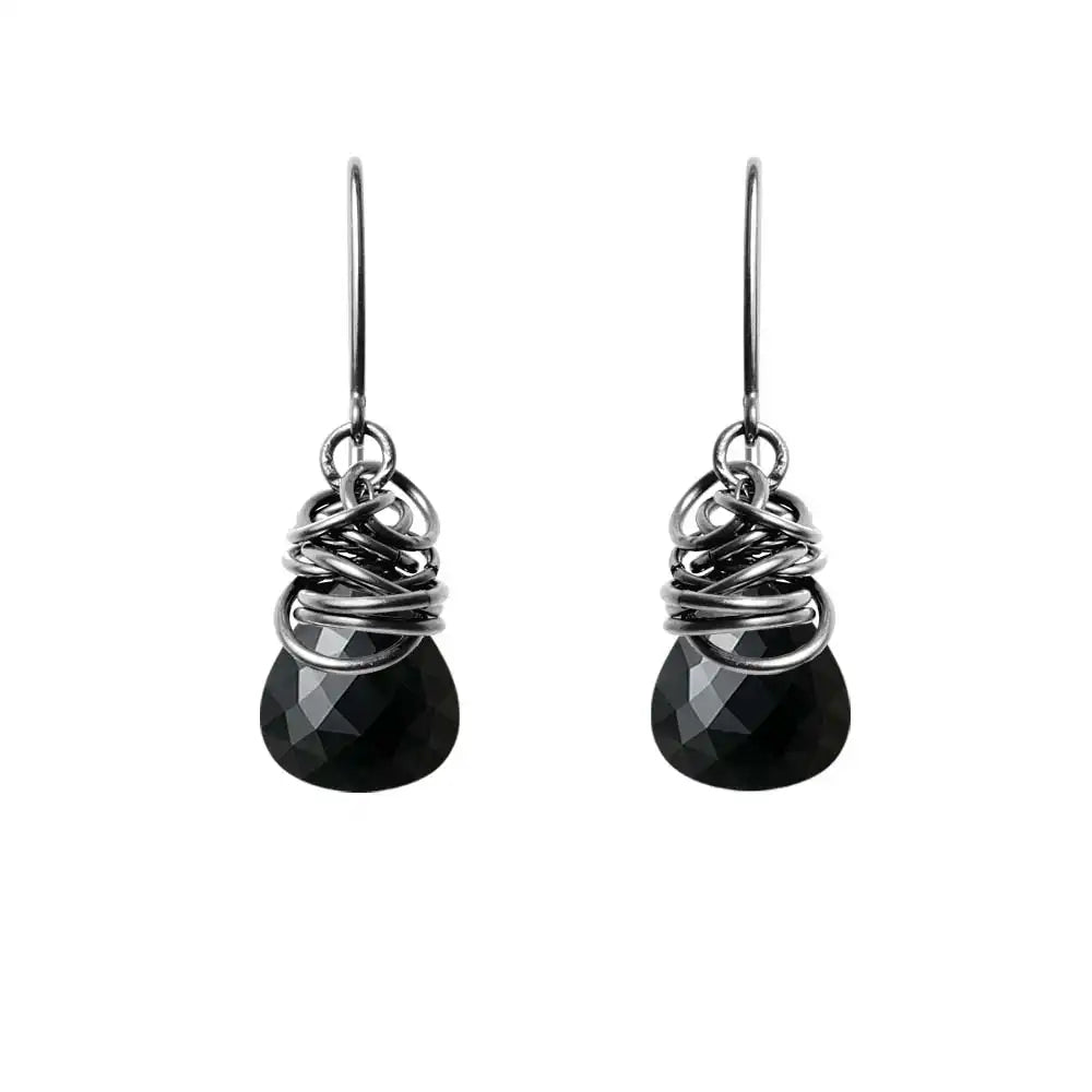Black sapphire dangle earrings in oxidized sterling silver, black stone in dark patina bezel setting variant--Oxidized-sterling-silver