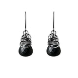 Black sapphire dangle earrings in oxidized sterling silver, black stone in dark patina bezel setting variant--Oxidized-sterling-silver