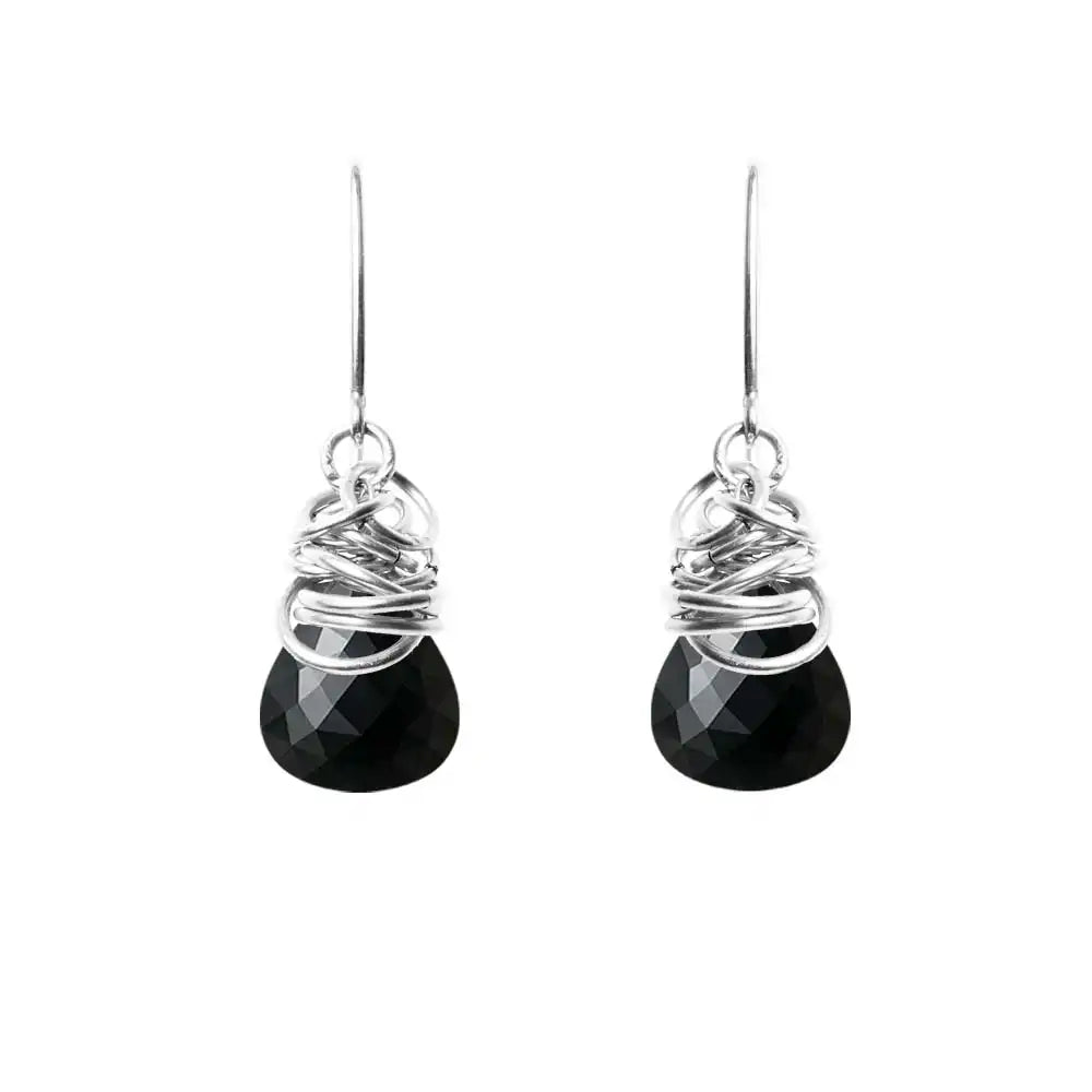 Black sapphire dangle earrings in sterling silver, deep black stone in minimalist silver bezel variant--Sterling-silver