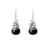 Black sapphire dangle earrings in sterling silver, deep black stone in minimalist silver bezel variant--Sterling-silver