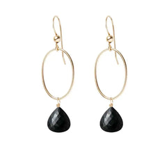 Black Sapphire gemstone hoop earrings in 14K gold-fill, hand-cut deep black stone, handmade in the USA variant--Gold-fill