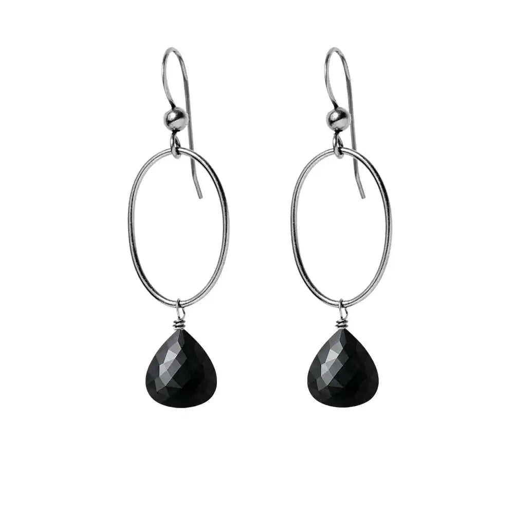 Black Sapphire gemstone hoop earrings in oxidized silver, hand-cut deep black stone, handmade in the USA variant--Oxidized-sterling-silver