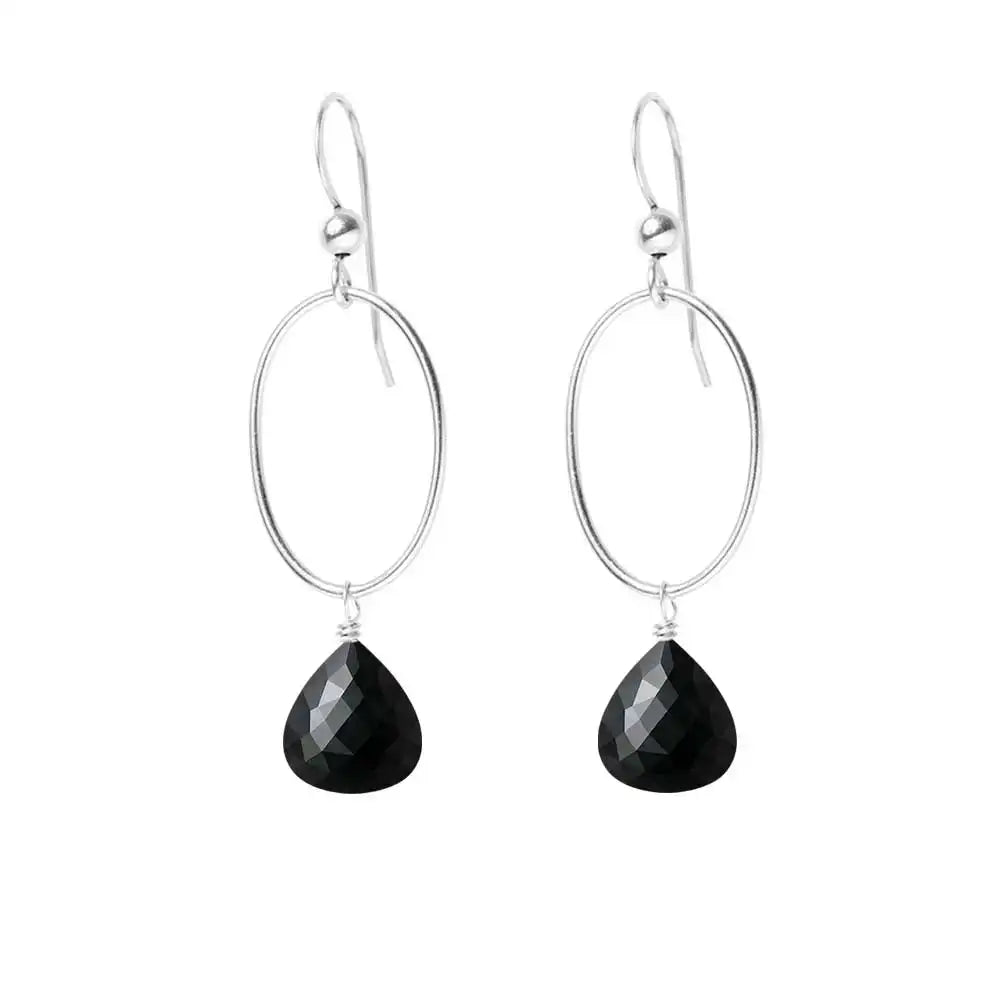 Black Sapphire gemstone hoop earrings in sterling silver, hand-cut deep black stone, handmade in the USA variant--Sterling-silver