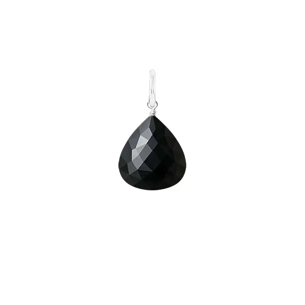 Natural black sapphire 11mm briolette charm in sterling silver, flat lay on neutral background variant--Sterling-silver variant--Large
