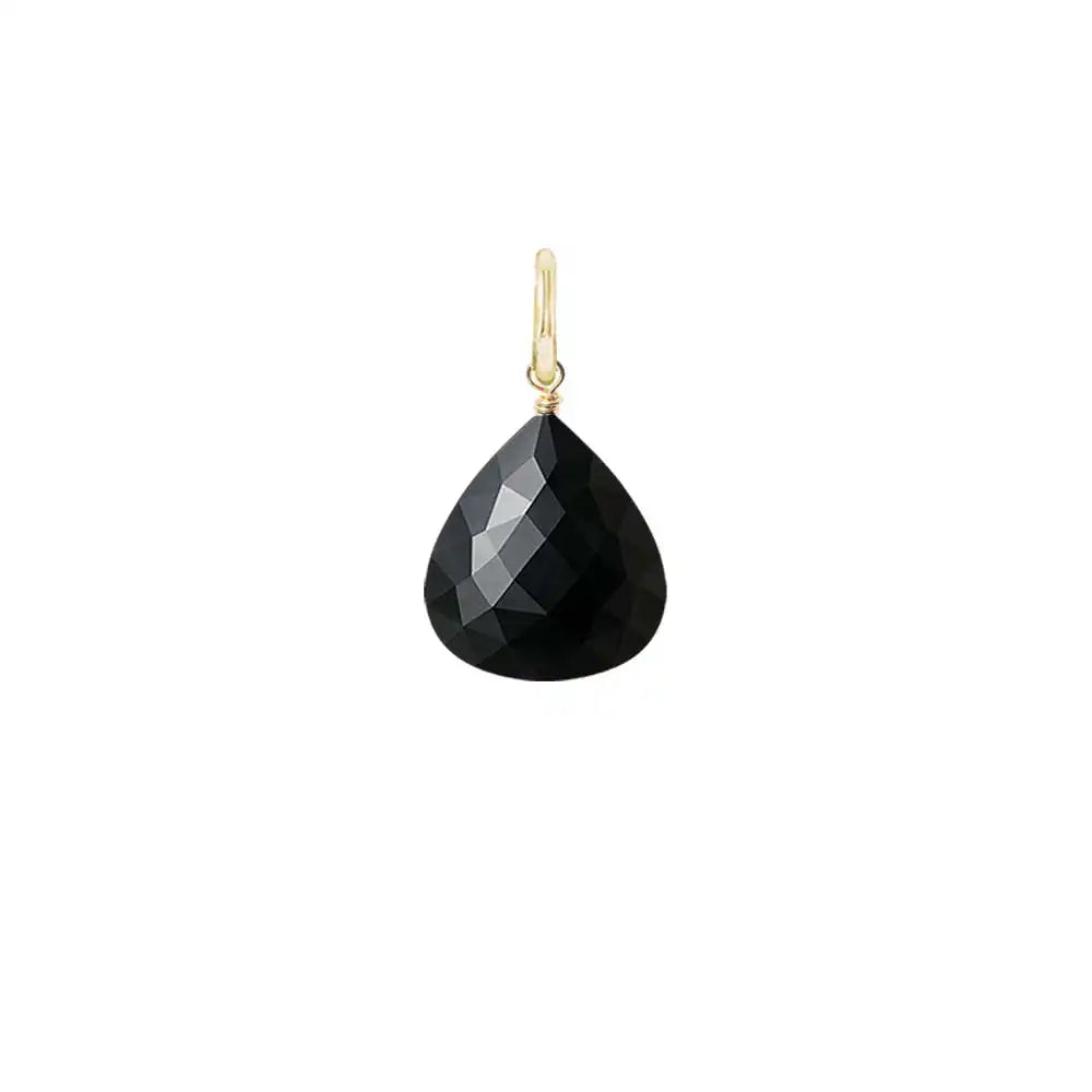 Natural black sapphire 11mm briolette charm in 14K gold-fill, close-up of setting in sterling silver variant--Gold-fill variant--Large