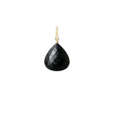 Natural black sapphire 11mm briolette charm in 14K gold-fill, close-up of setting in sterling silver variant--Gold-fill variant--Large