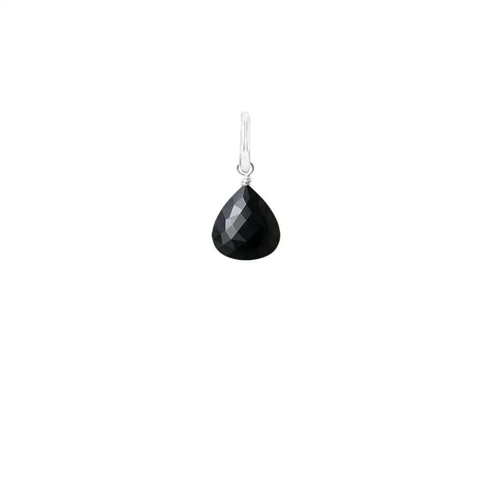 Natural black sapphire 8mm briolette charm in white gold, side view detail variant--Sterling-silver variant--Small