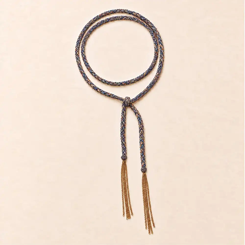 Blue braided chain and silk lariat necklace in 14K gold-fill, flat lay