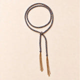Blue braided chain and silk lariat necklace in 14K gold-fill, flat lay