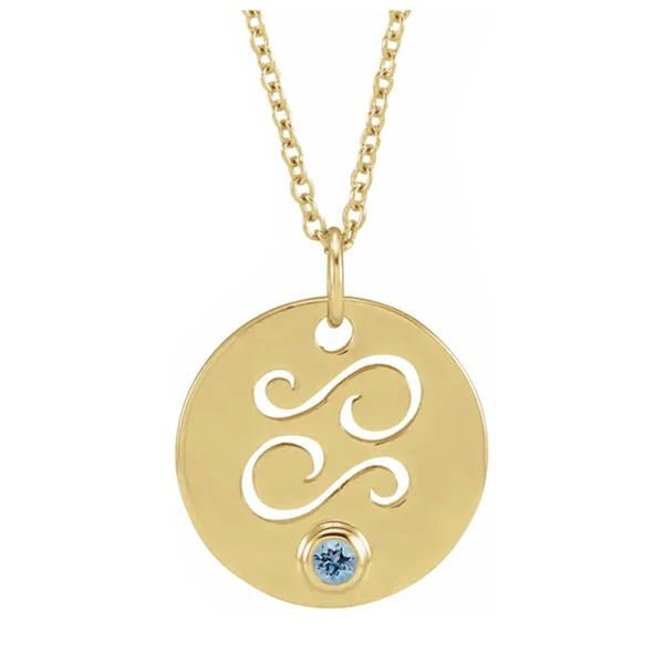 Cancer zodiac medallion in 14K yellow gold with matching birthstone charm detail. variant--14K-yellow-gold