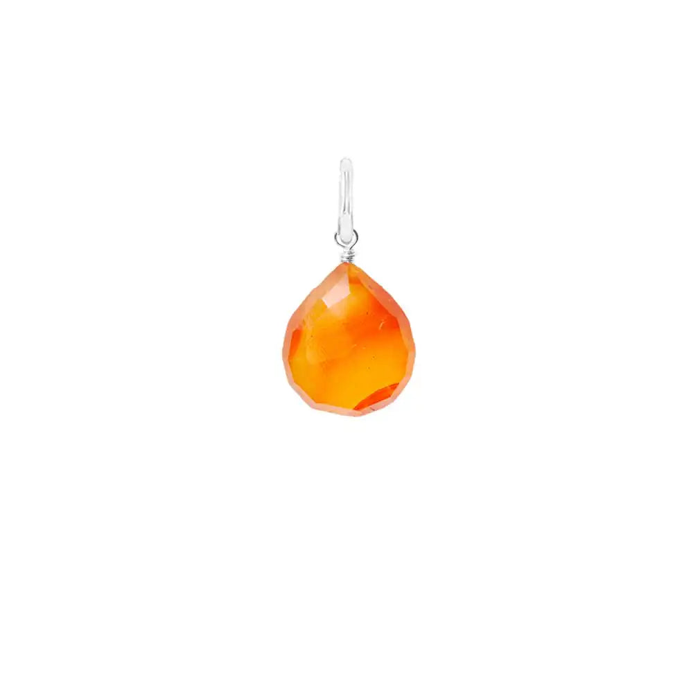 Natural carnelian 11mm briolette charm in sterling silver, flat lay on neutral background variant--Sterling-silver variant--Large