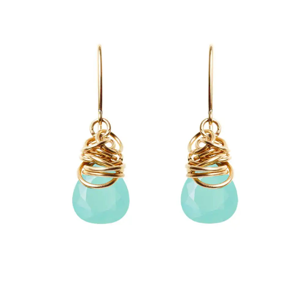 Chalcedony dangle earrings in 14K gold-fill, pale blue-gray stone in warm gold bezel setting variant--Gold-fill