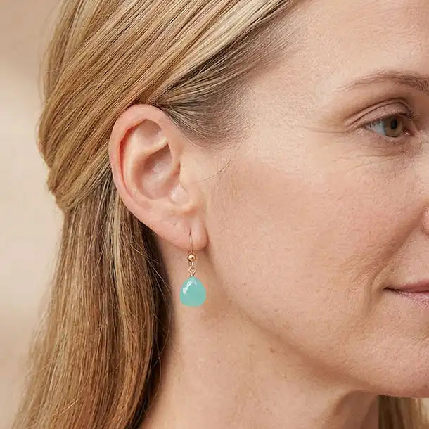 Handmade chalcedony earrings shown on model. variant--Rose-Gold-fill, variant--Gold-fill, variant--Sterling-silver, variant--14K-yellow-gold, variant--14K-white-gold, variant--Oxidized-sterling-silver,  variant--Chalcedony